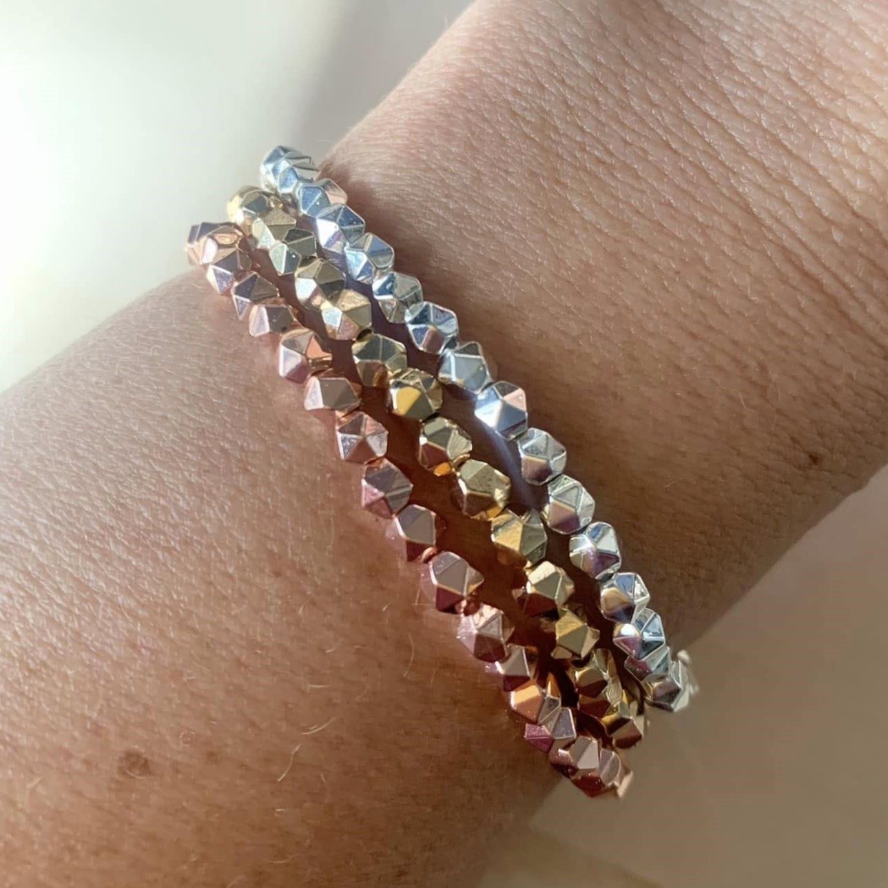 Healing crystal bracelets hematite petite round cut trio