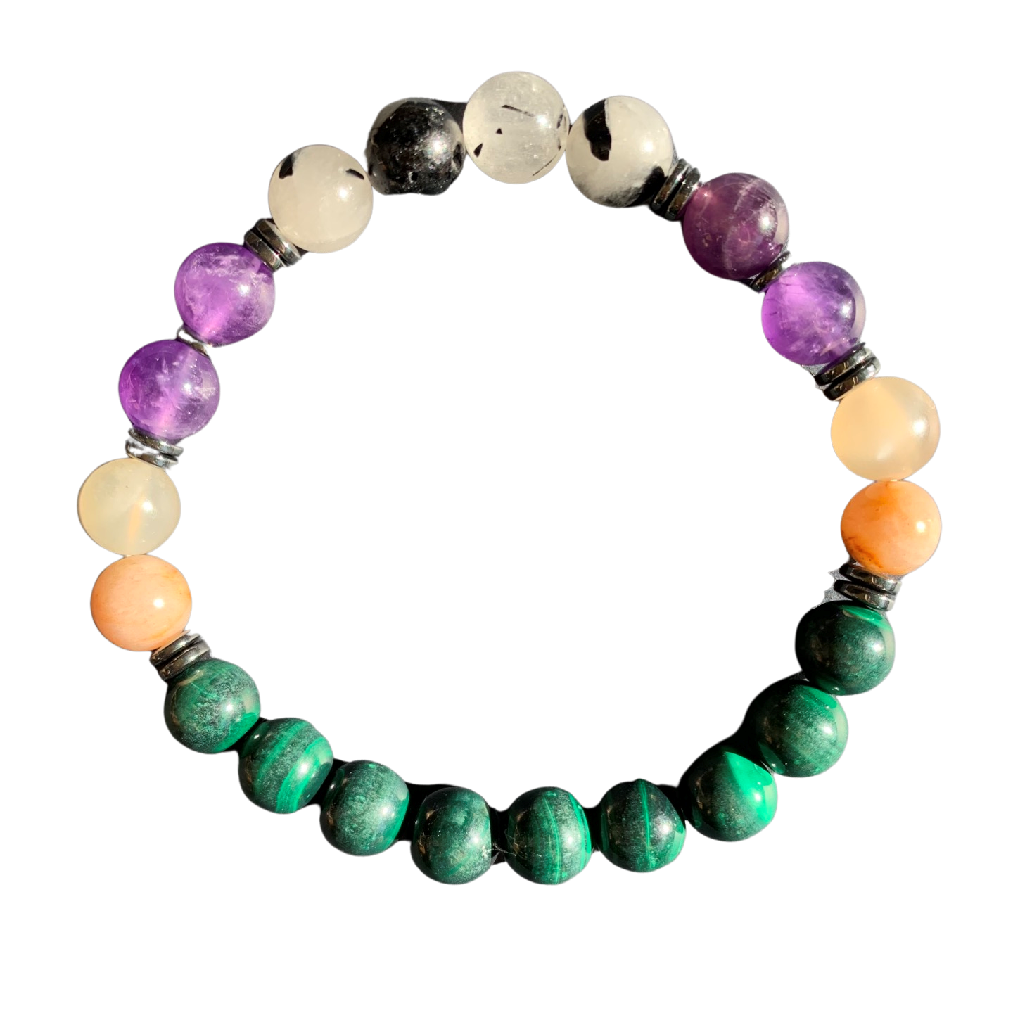 Healing Crystal Bracelet Travel Protection Malachite, Peach Moonstone, Amethyst, Tourmilated Quartz