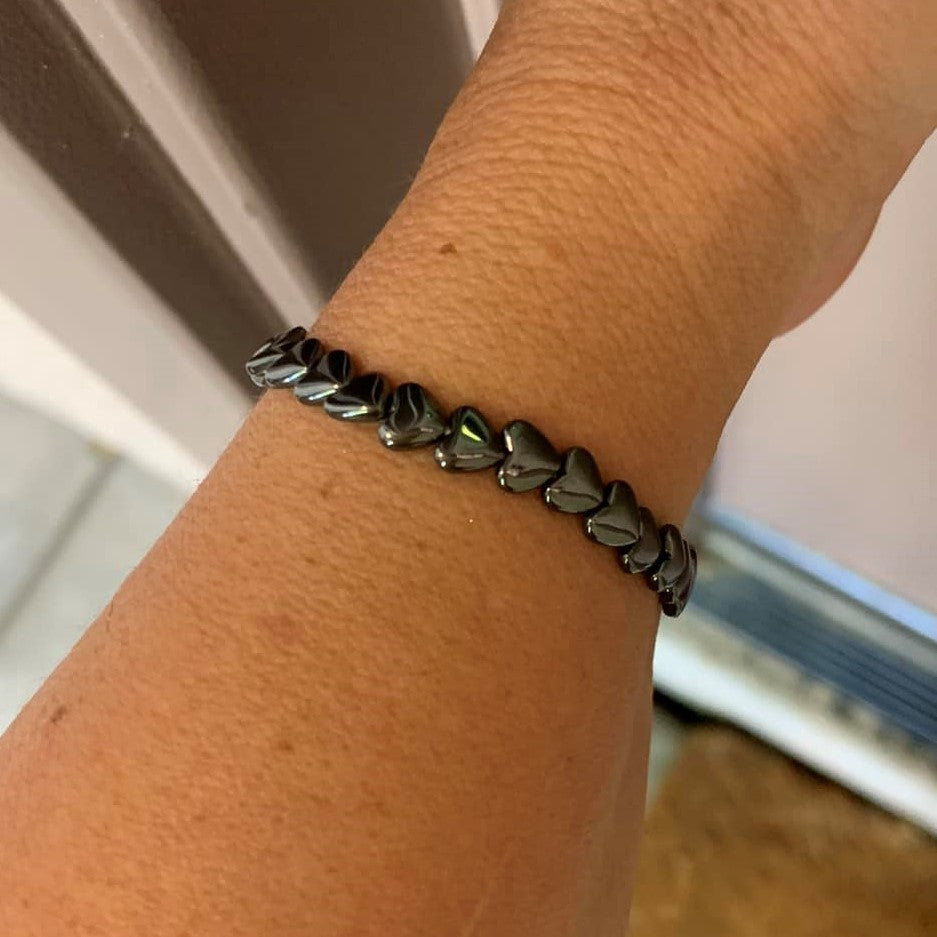 Healing Crystal Bracelets Hematite Puffy Hearts on Wrist