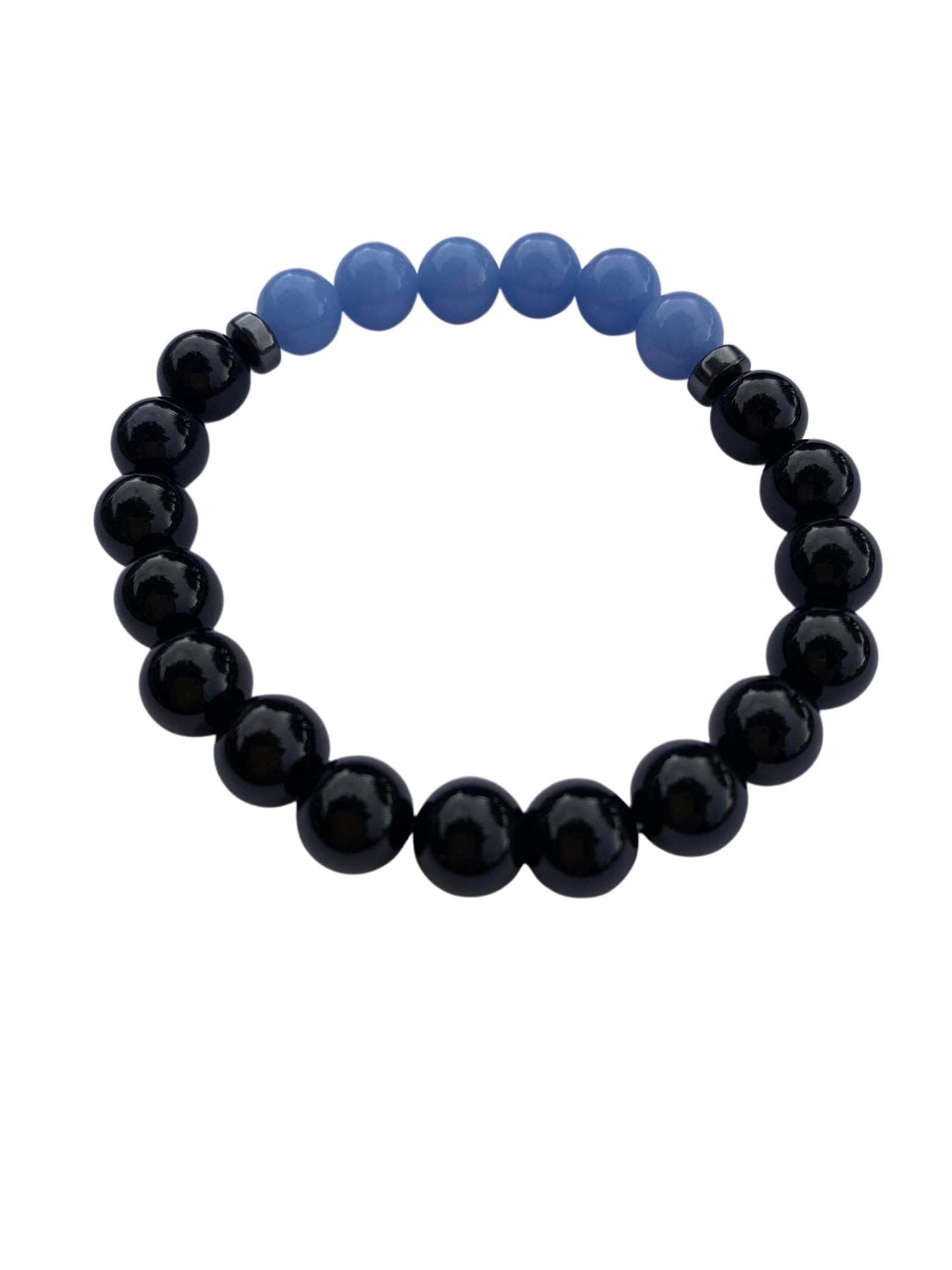 Aragonite Blue with Onyx Bracelet 8 mm Round Beads - Naturally Glows in the Dark