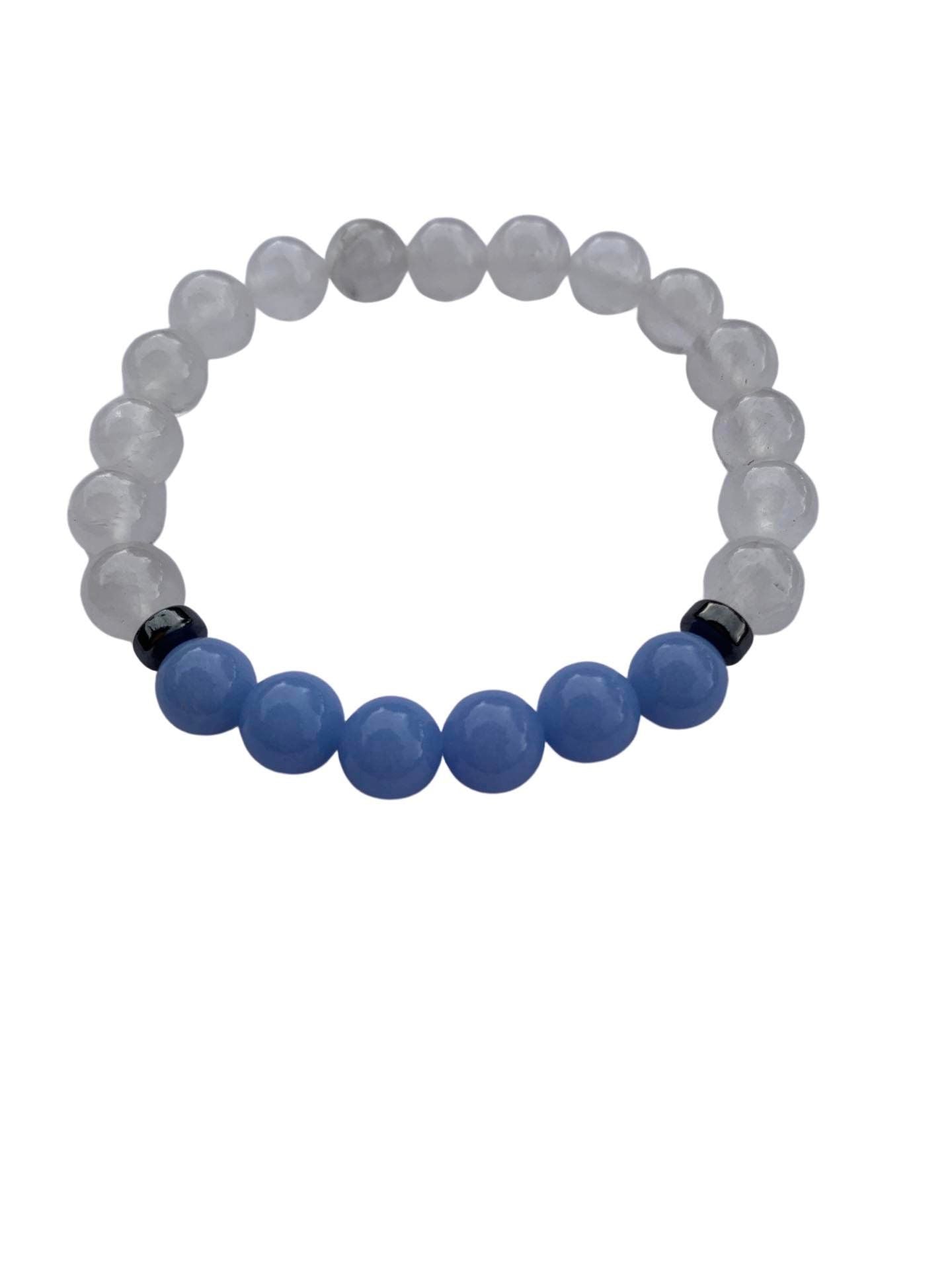 Aragonite Blue with Clear Quartz Bracelet 8 mm Round Beads - Naturally Glows in the Dark