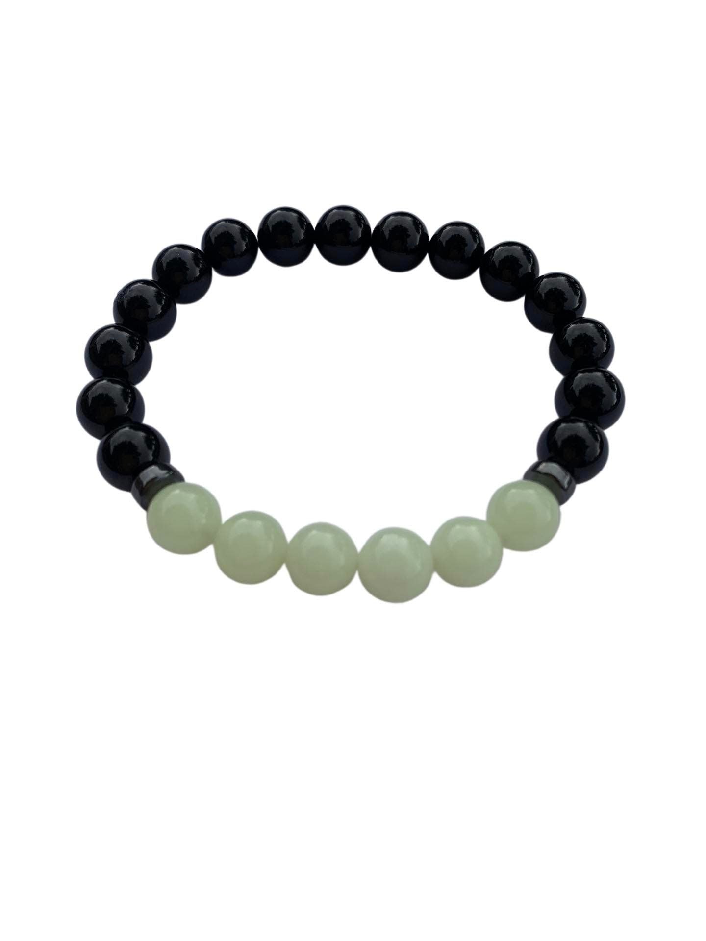 Aragonite Green/Yellow with Onyx Bracelet 8 mm Round Beads - Naturally Glows in the Dark