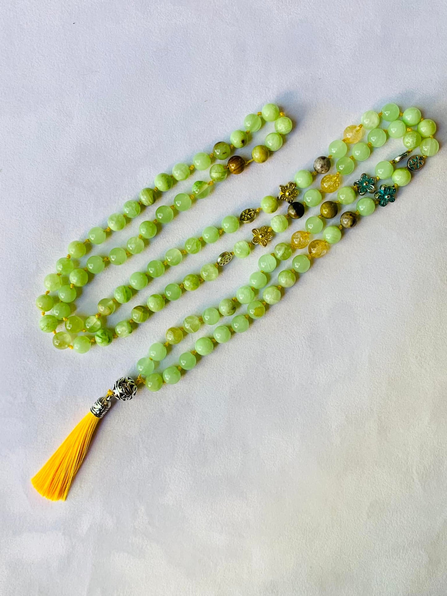Brigid Mala - Creativity - Green Calcite, Accents of Citrine, Bumblebee Jasper, Metal Flowers