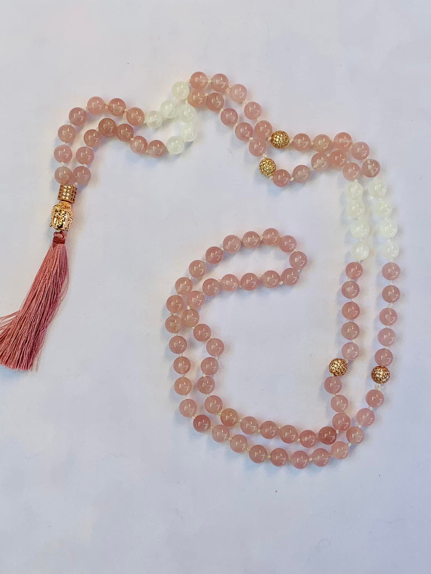 Kali Mala - Motherly Love Energy - Madagascar Rose Quartz, Gypsum, Rose Gold Colors Accent Beads with Rhinestones