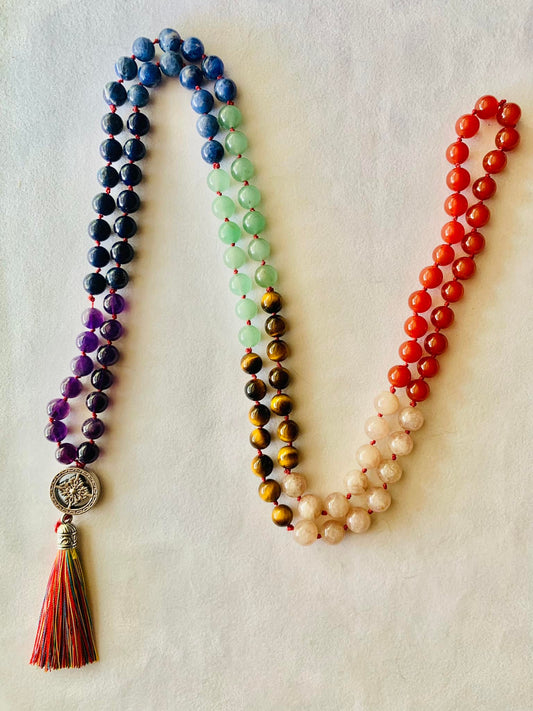 Ma'at Mala - Balance - Red Carnelian, Peach Moonstone, Yellow Tiger Eye, Green Aventurine, Sodalite, Lapis Lazuli, Amethyst
