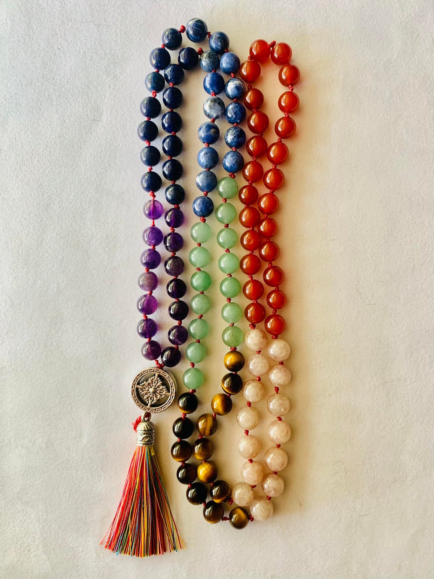 Ma'at Mala - Balance - Red Carnelian, Peach Moonstone, Yellow Tiger Eye, Green Aventurine, Sodalite, Lapis Lazuli, Amethyst