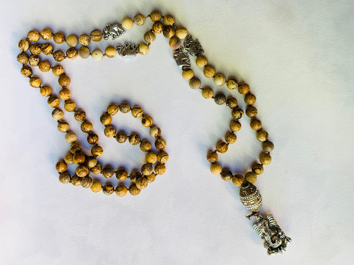 Nisaba Mala - Worldly Knowledge - Picture Jasper, Elephant Beads and "Tassel," Tibetan Guru