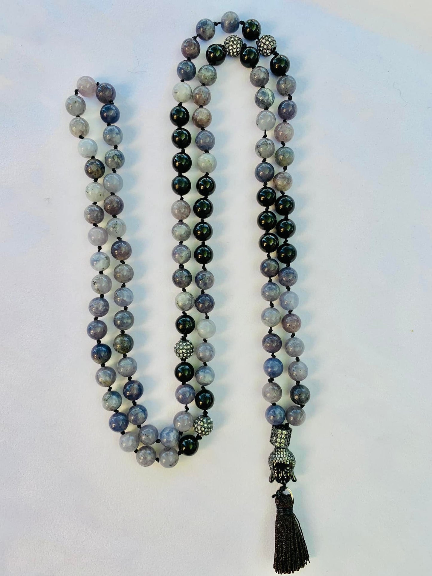 Persephone Mala - Connecting With Your Master Guide - Iolite, Shungite, Black Metal Accent Beads with Rhinestones