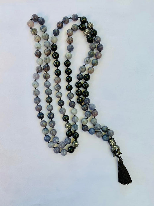 Persephone Mala - Connecting With Your Master Guide - Iolite, Shungite, Black Metal Accent Beads with Rhinestones