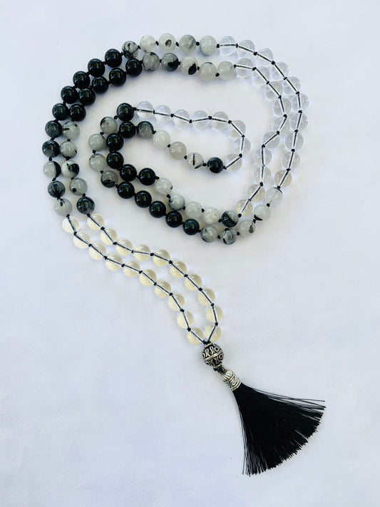 Theia Mala - Clarity - Rainbow Sheen Obsidian, Tourmalated Quartz, Clear Quartz