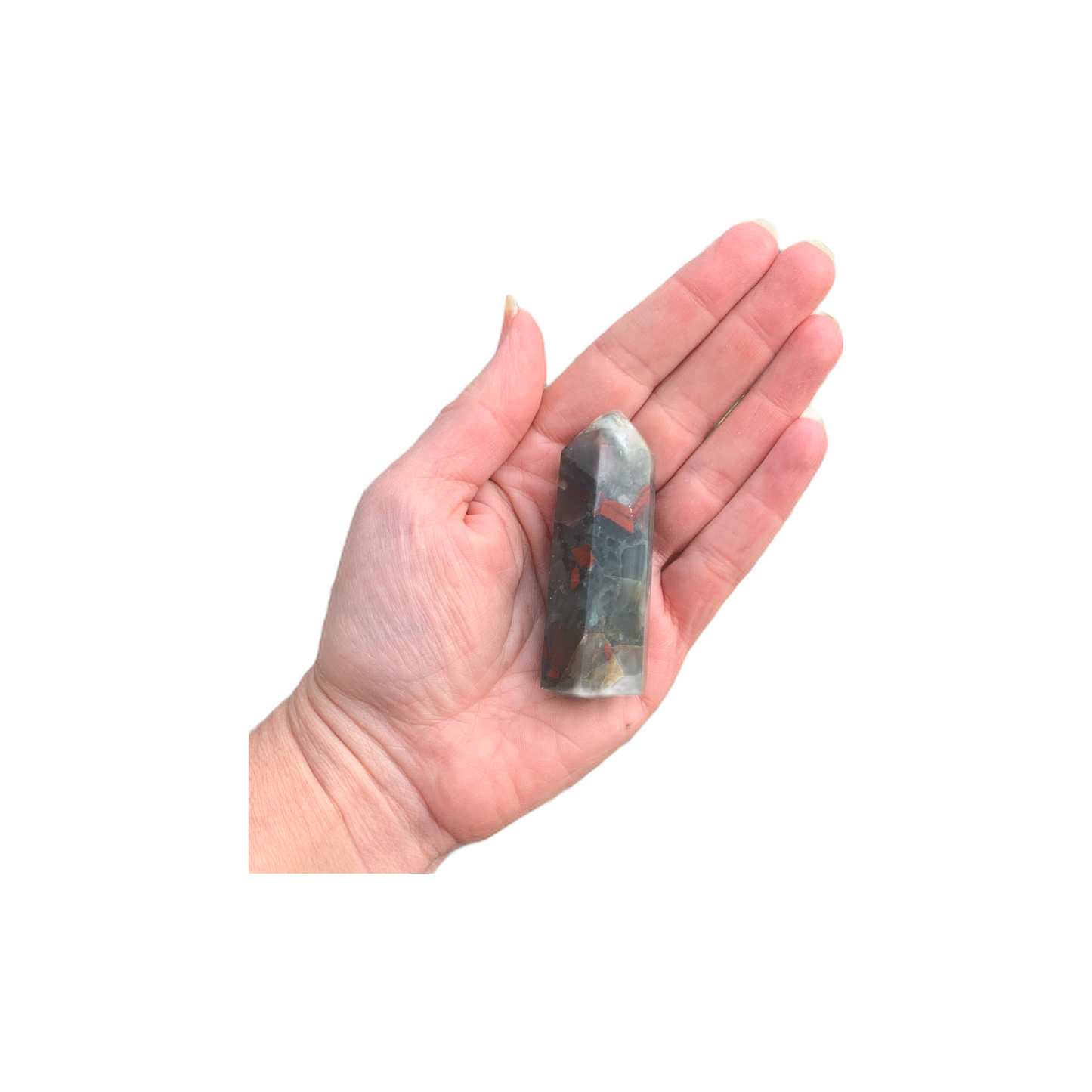 Stone Point Crystal Tower Bloodstone in Hand for Scale 3-5 Inches