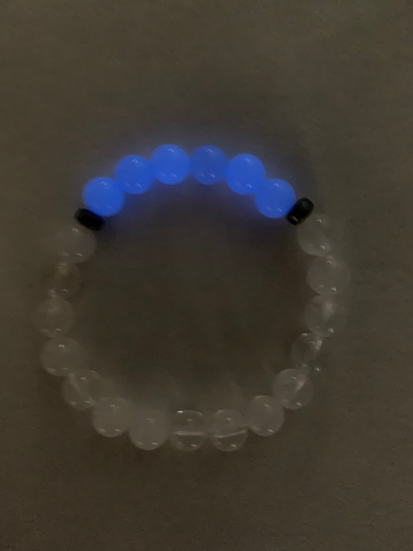 Aragonite Blue with Clear Quartz Bracelet 8 mm Round Beads - Naturally Glows in the Dark