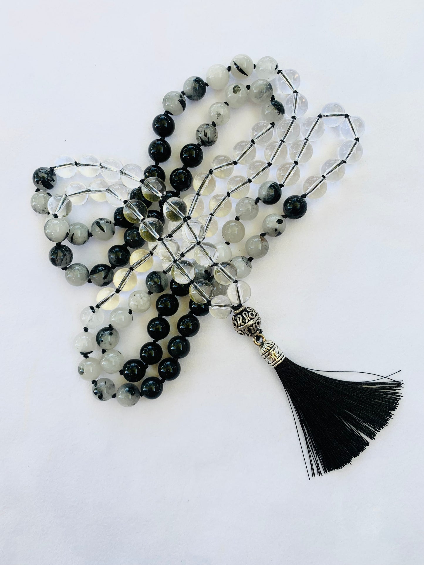 Theia Mala - Clarity - Rainbow Sheen Obsidian, Tourmalated Quartz, Clear Quartz