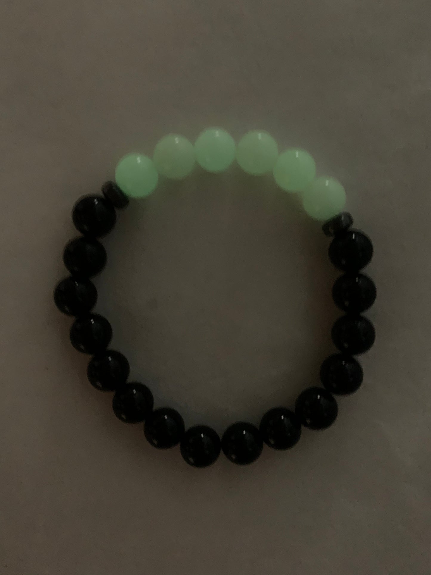 Aragonite Green/Yellow with Onyx Bracelet 8 mm Round Beads - Naturally Glows in the Dark