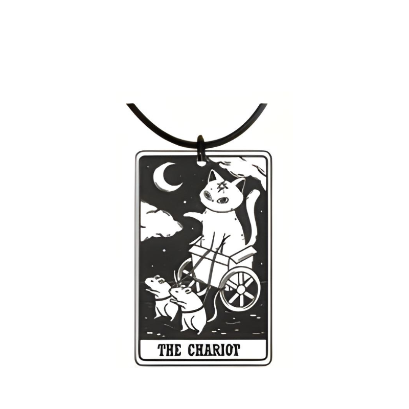 Necklace with 'The Chariot' tarot card design featuring a cat and dog.