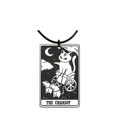 Necklace with 'The Chariot' tarot card design featuring a cat and dog.