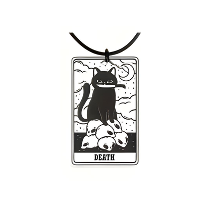 Black and white pendant with a cat design and 'DEATH' text on a white background