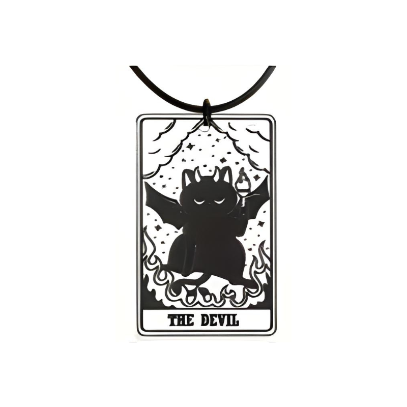 Black cat tarot card pendant labeled 'The Devil' on a white background