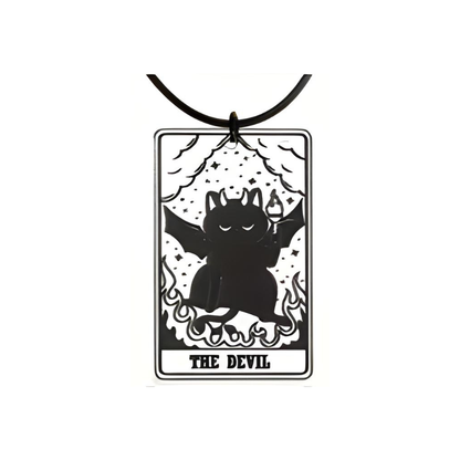 Black cat tarot card pendant labeled 'The Devil' on a white background