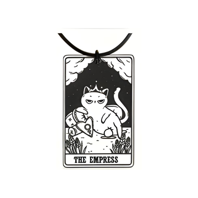 Pendant with cat illustration and 'The Empress' text on a white background