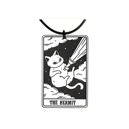 Cat-themed pendant with 'The Hermit' text on a white background