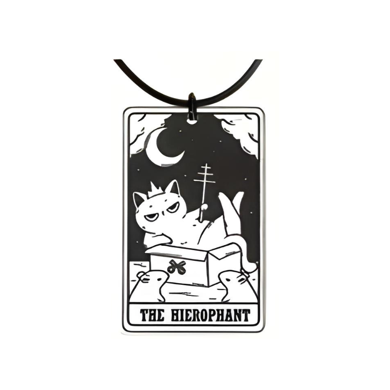 Necklace with pendant featuring a cat and tarot card design labeled 'The Hierophant' on a white background.