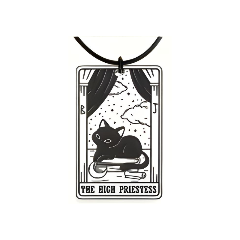 Tarot card design with a black cat and 'The High Priestess' text on a white background