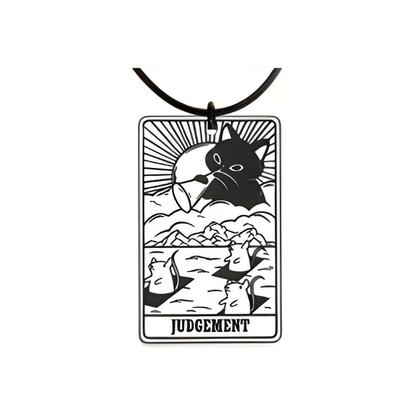 Black and white tarot card design with a cat and mountain landscape on a white background