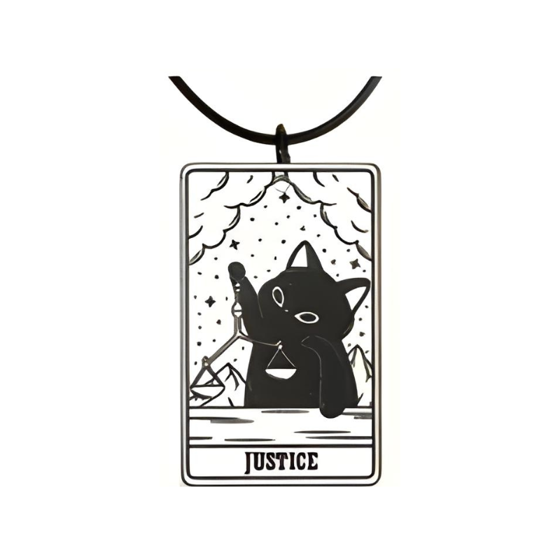 Black and white tarot card pendant with a cat and 'Justice' text on a white background