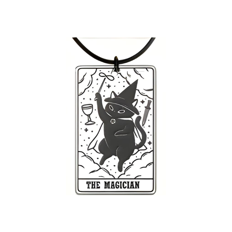 Black and white tarot card design with a cat and 'The Magician' text on a white background.