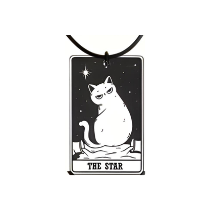 Cat tarot card pendant with 'The Star' text on a white background