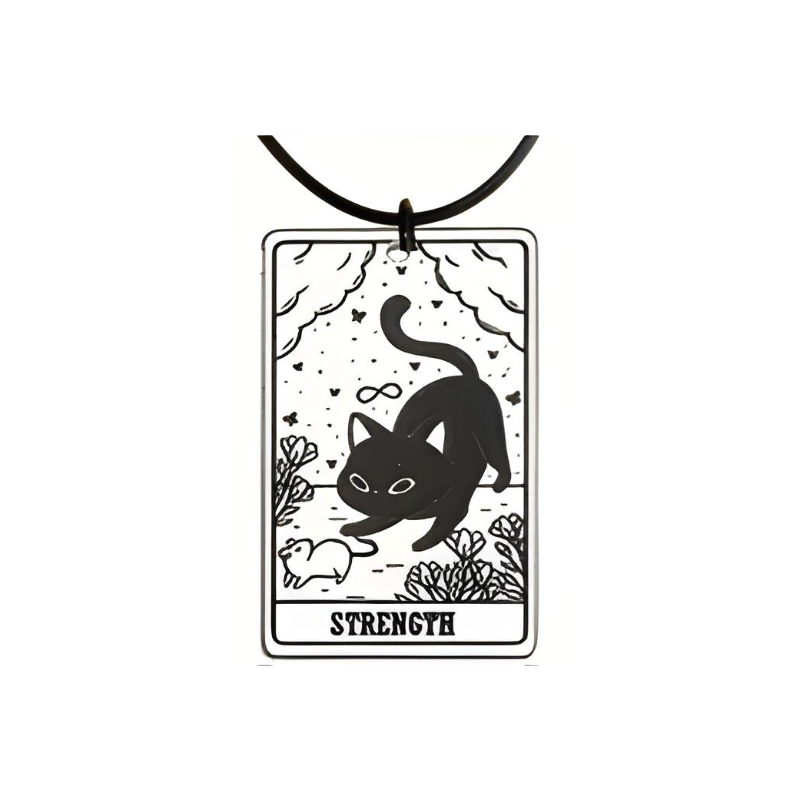Black cat pendant with 'Strength' text on a white background