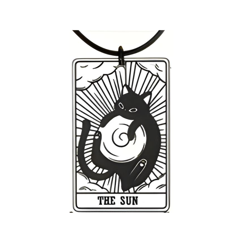 Black cat pendant with 'The Sun' design on a white background