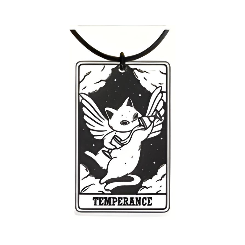 Cat-like creature with wings on a tarot card-style pendant labeled 'Temperance'.