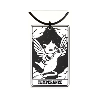Cat-like creature with wings on a tarot card-style pendant labeled 'Temperance'.