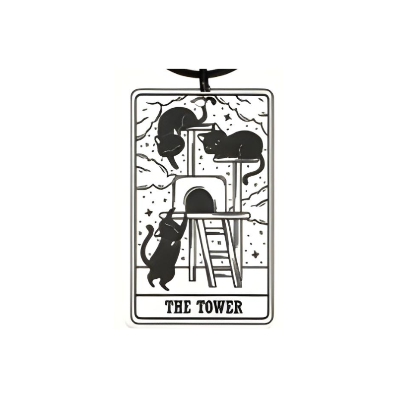 Tarot card titled 'The Tower' with black illustrations on a white background