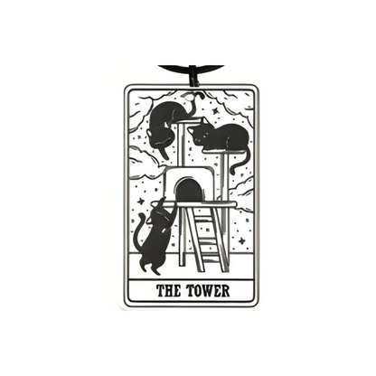 Tarot card titled 'The Tower' with black illustrations on a white background