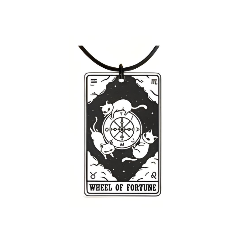 Pendant with 'Wheel of Fortune' design featuring cats and a compass on a white background