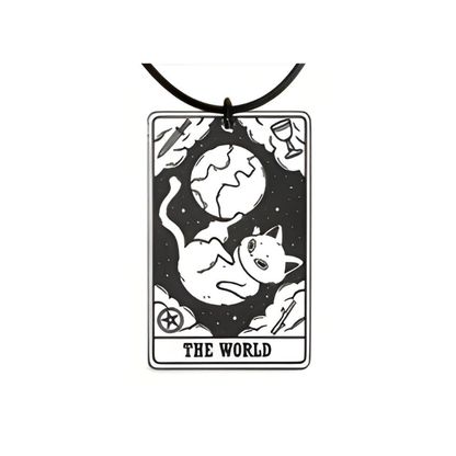 Necklace with a pendant featuring a cat design and 'The World' text on a white background
