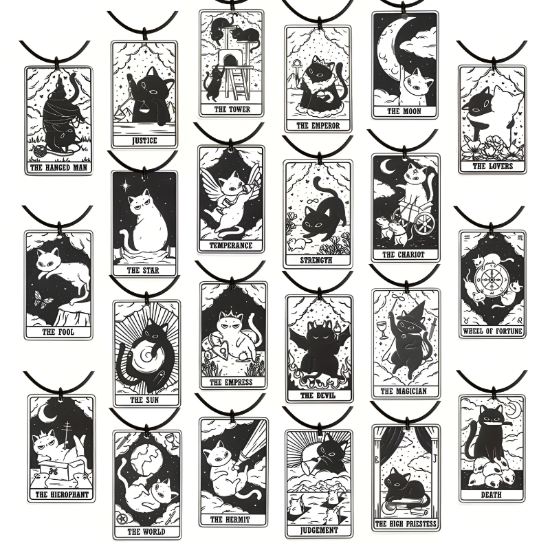 Set of tarot card-style pendants with black cats on a white background
