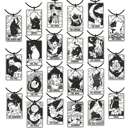 Set of tarot card-style pendants with black cats on a white background