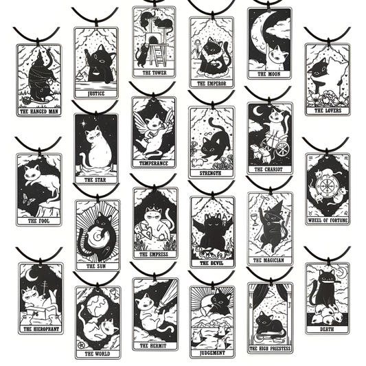 Set of tarot card-style pendants with black cats on a white background