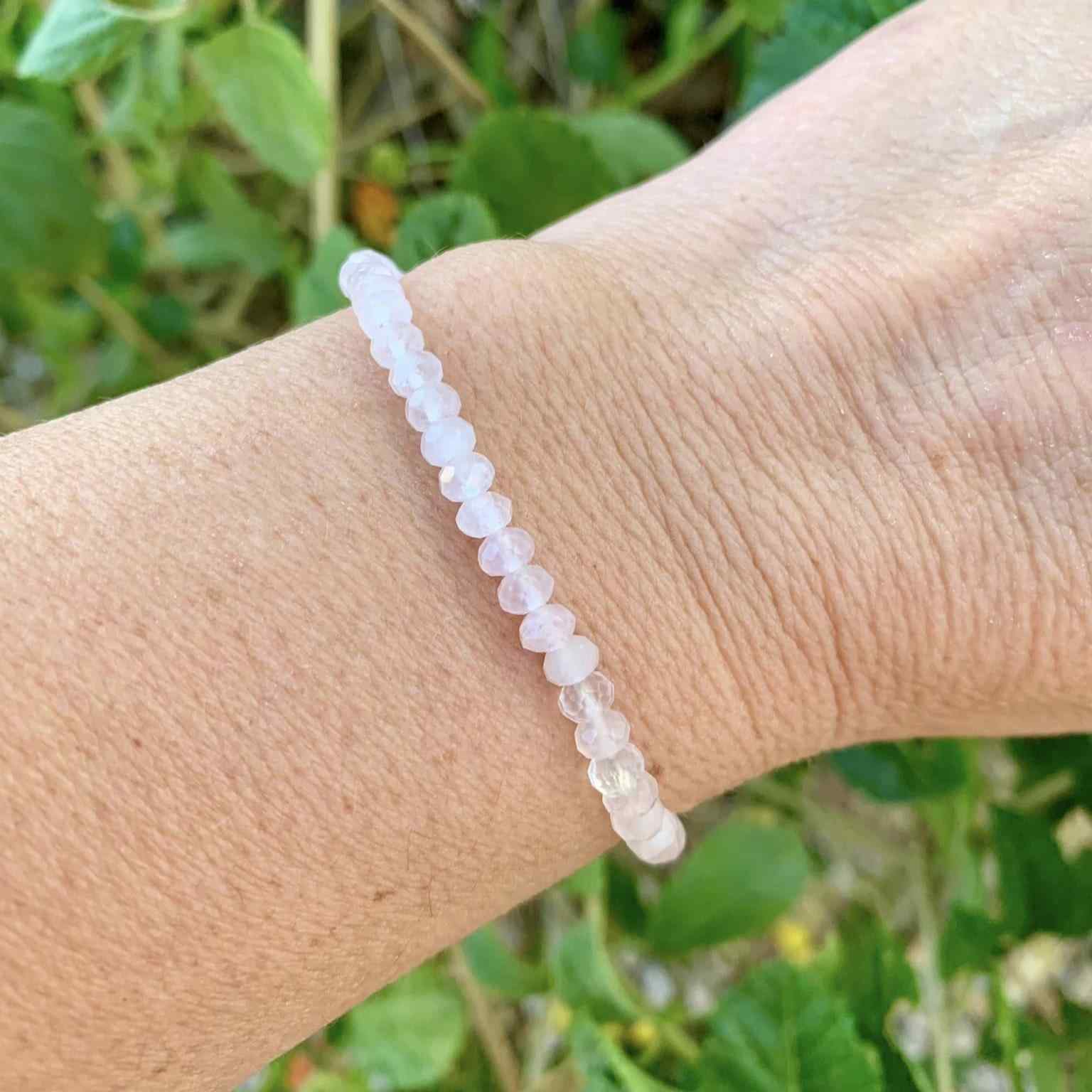 Miminalist Stackable Crystal Bracelet Rose Quartz on Wrist