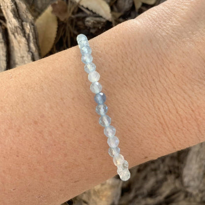 Aquamarine Stackable Dainty Bracelet on Wrist