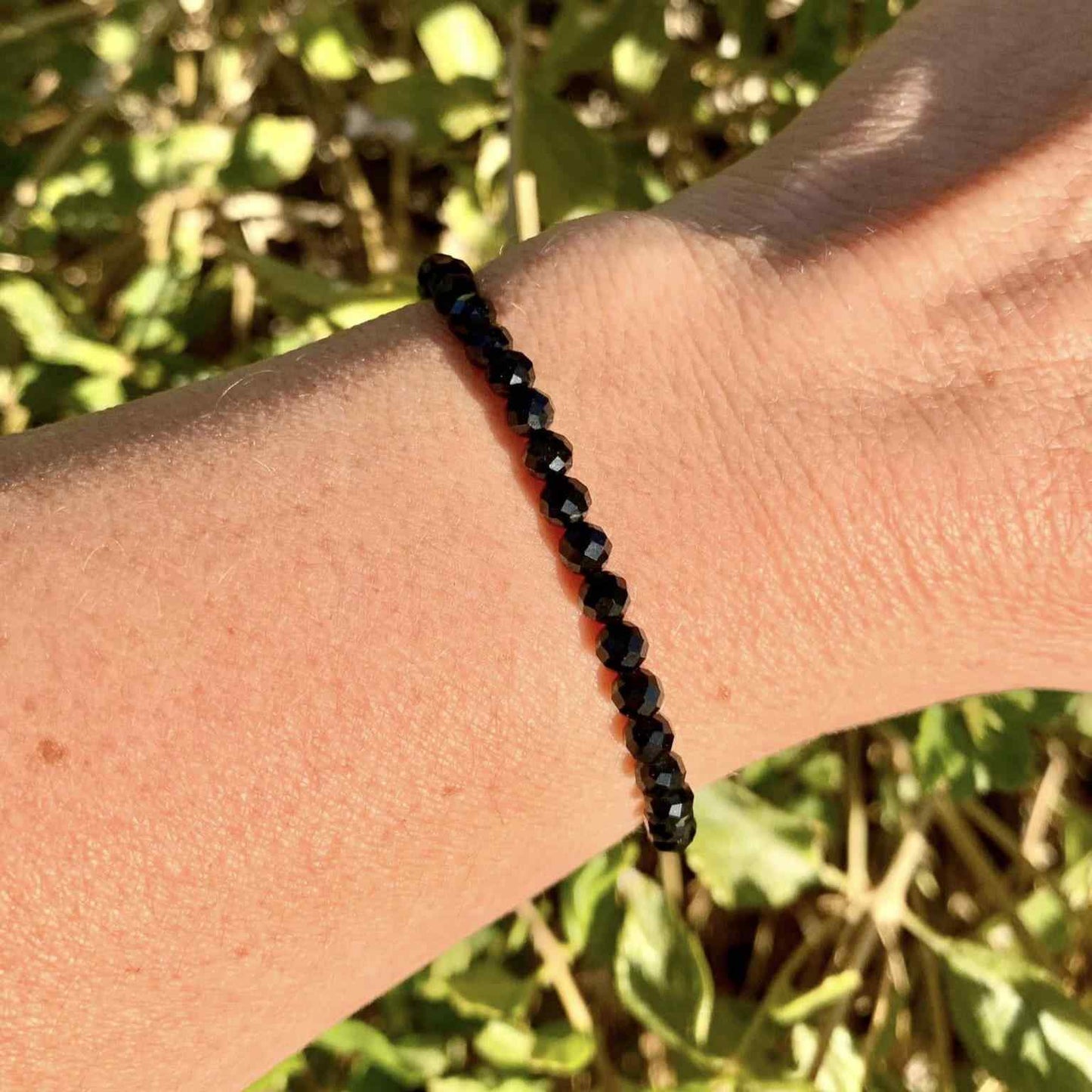 Minimalist Stackable Crystal Bracelet Black Onyx on Wrist