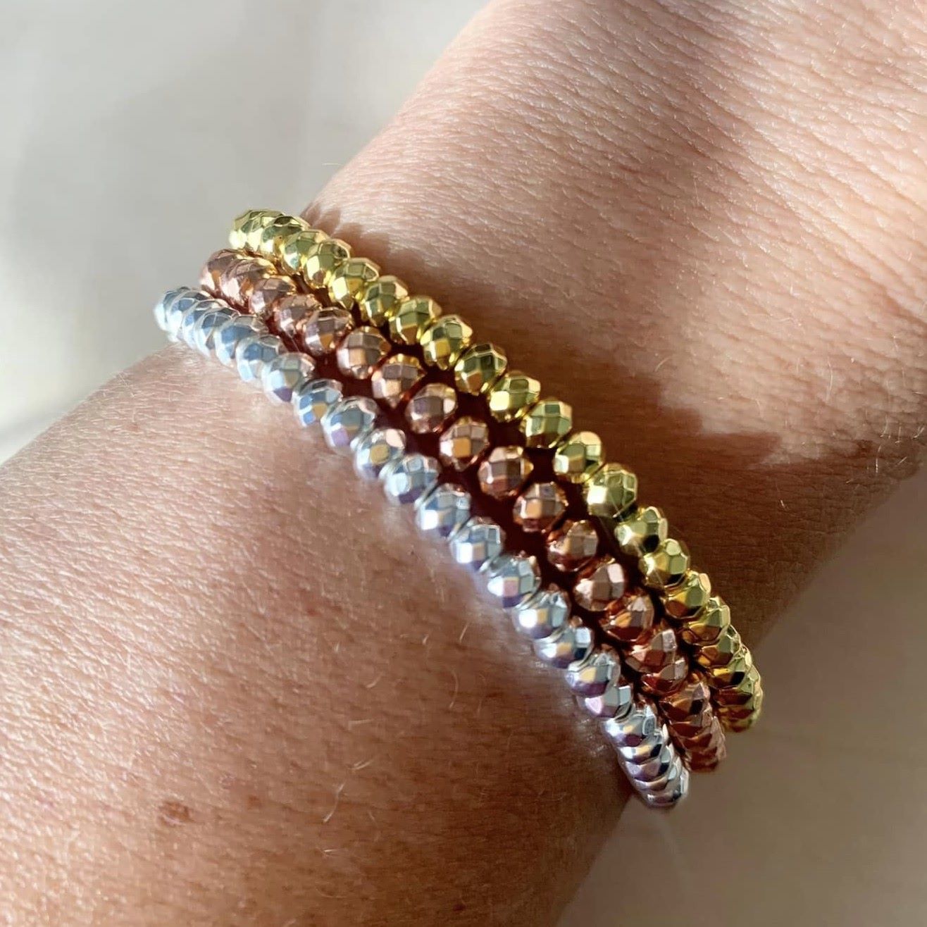 Healing Crystal Bracelet Hematite Plated Petite Rondelle Faceted 