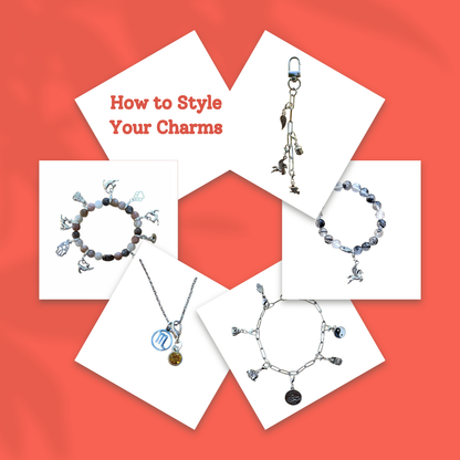 Bracelets with charms on white cards against a red background, with text 'How to Style Your Charms'.