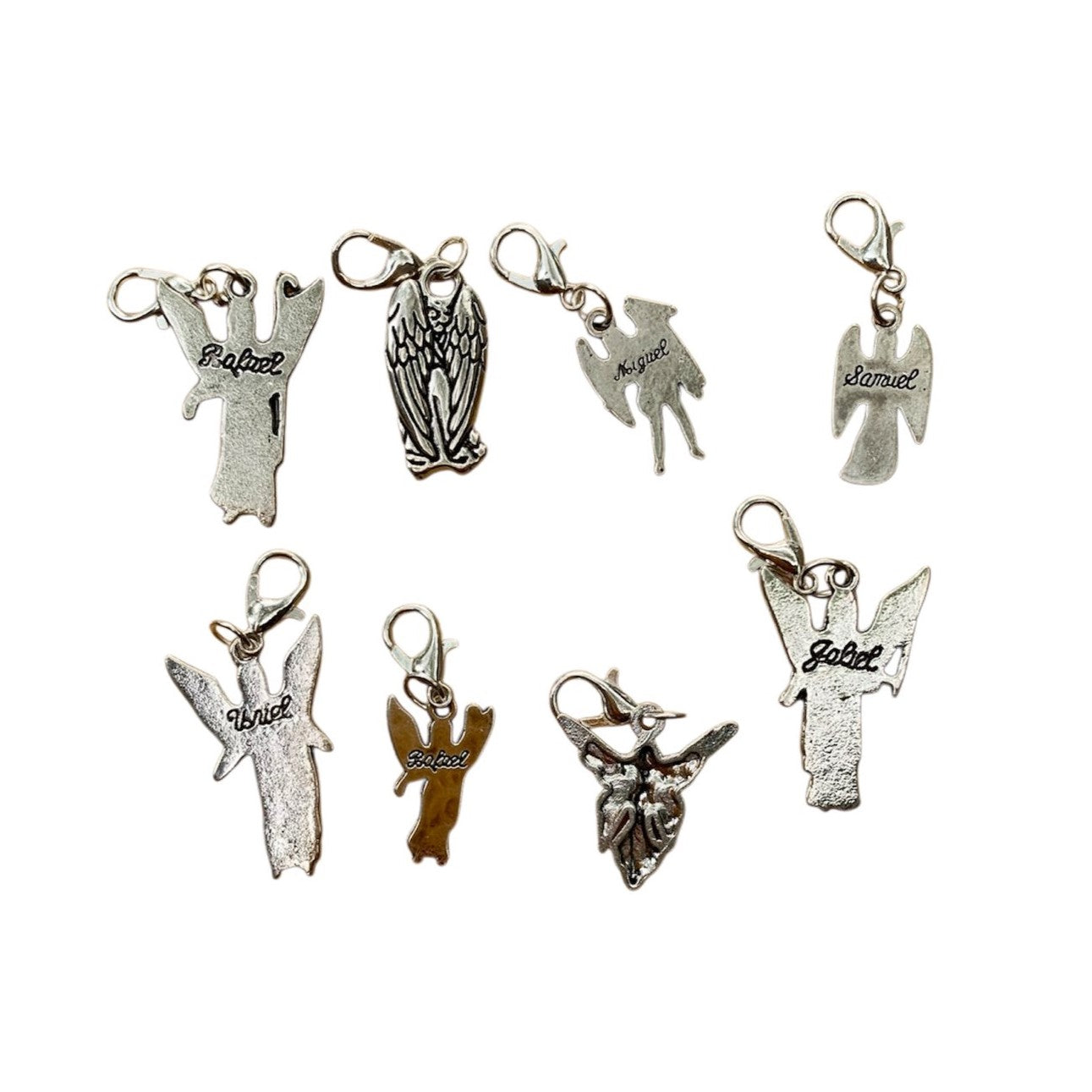 Wholesale Angel Charms bundle of 8 unique charms with angel names stamped on back, symbolizing guidance, love, and protection.