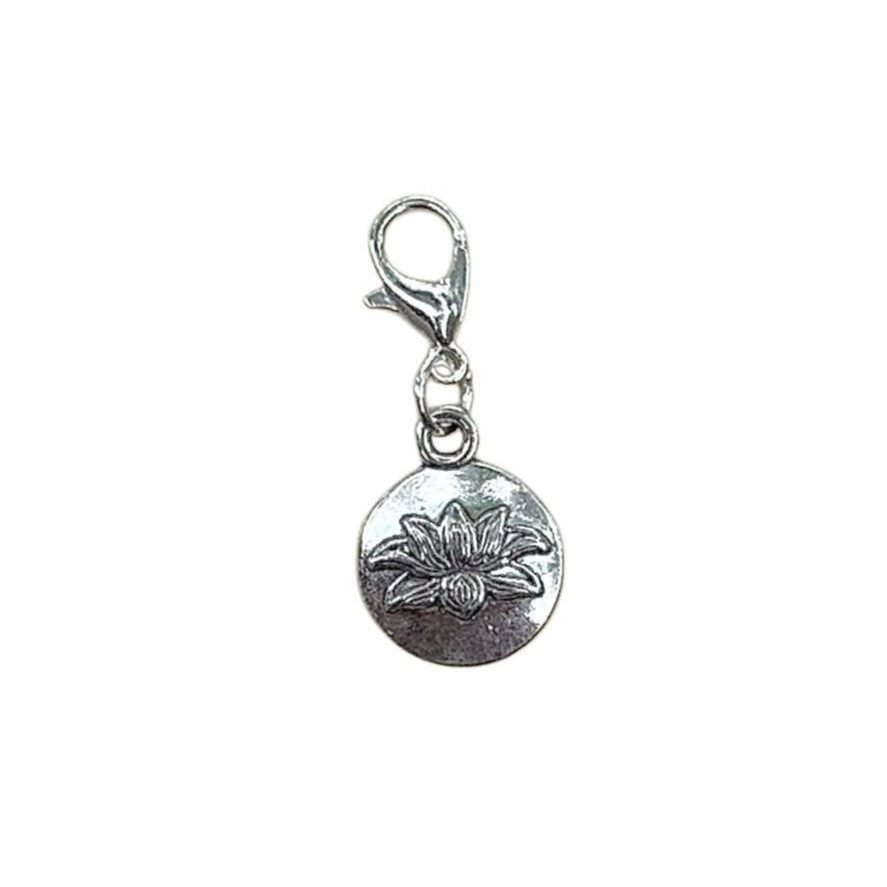 Lotus Button Charm with raised lotus design, for metaphysical necklaces and crystal bracelets.