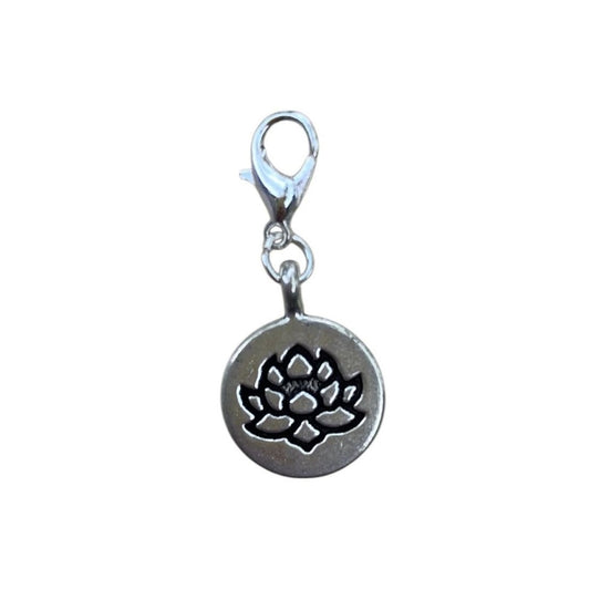 Lotus Coin Charm with imprinted lotus symbol on both sides, for metaphysical necklaces and crystal bracelets.